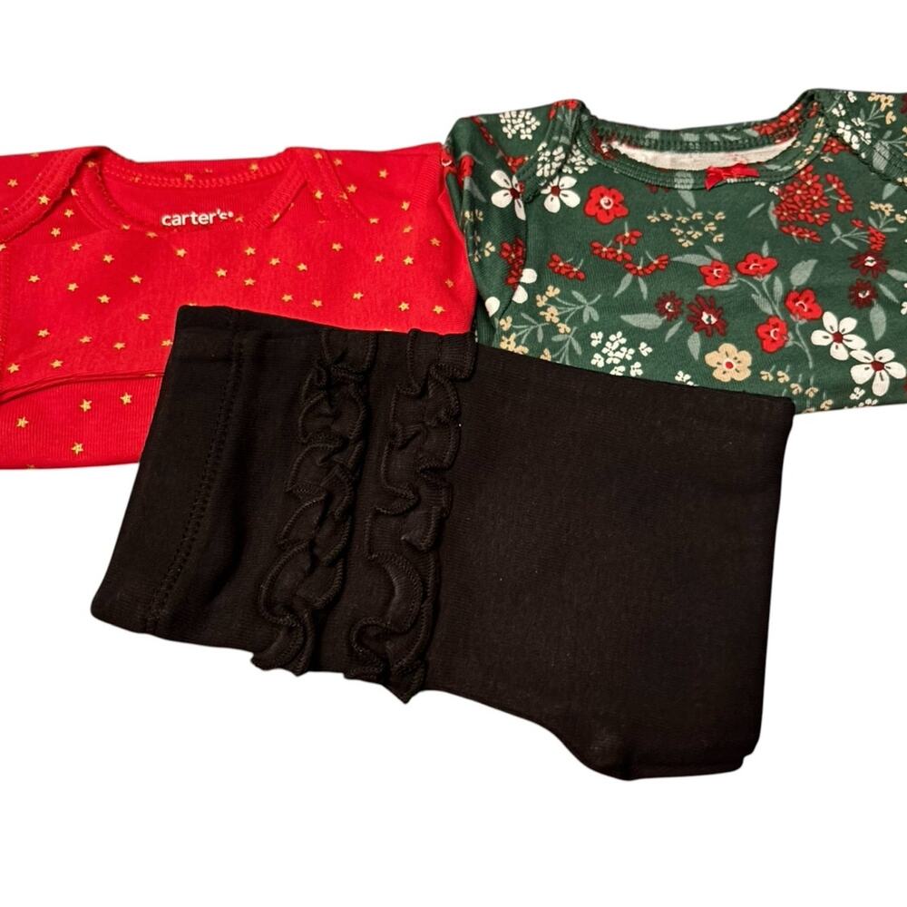 NWT Carter’s 3M Black pants with two holiday onesies.